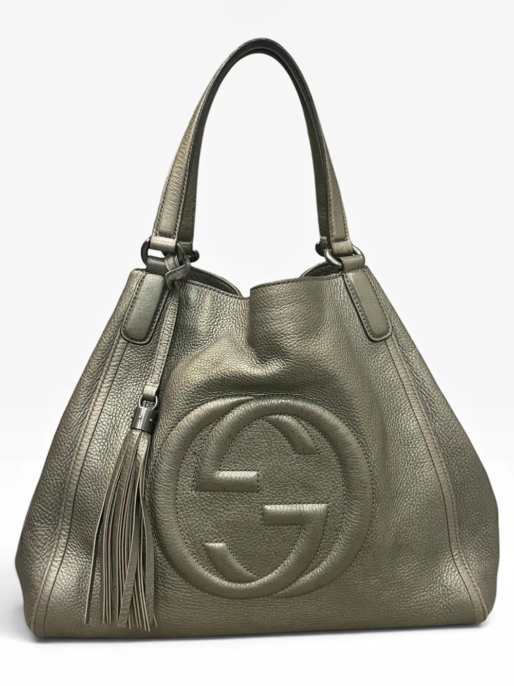 Gucci Soho Medium Leather Interlocking G Tote Bag in Metallic Pewter